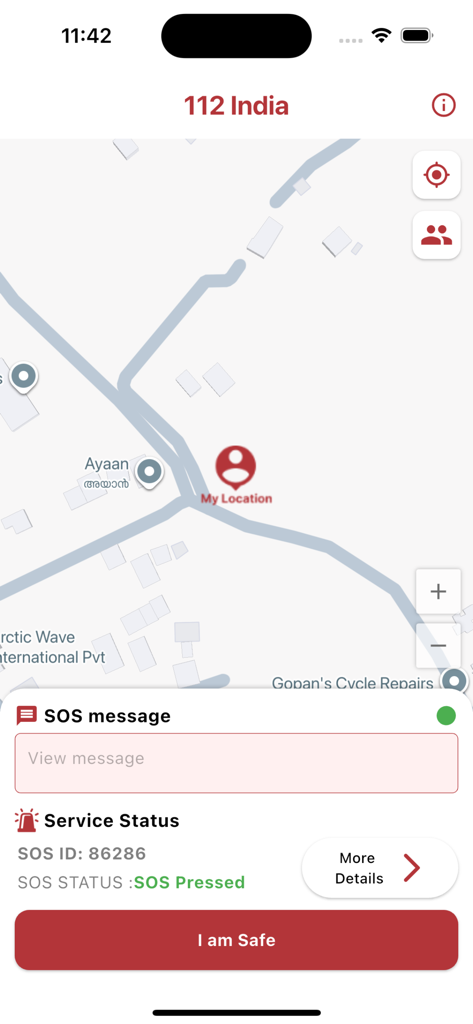 112 India - Interface of the 112 India app showing an active SOS alert with location map and I am Safe button