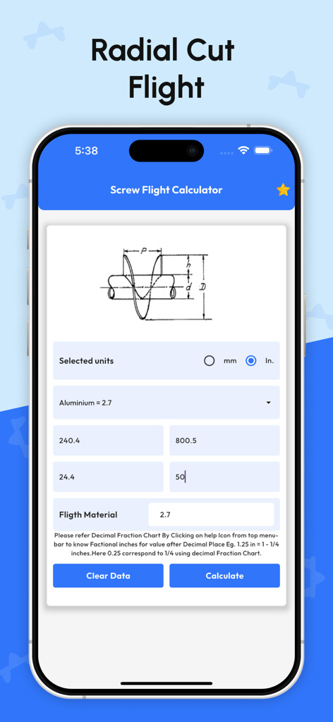 Interfaz de la Calculadora de Hélice de Tornillo que muestra campos de entrada de corte radial y diagrama técnico