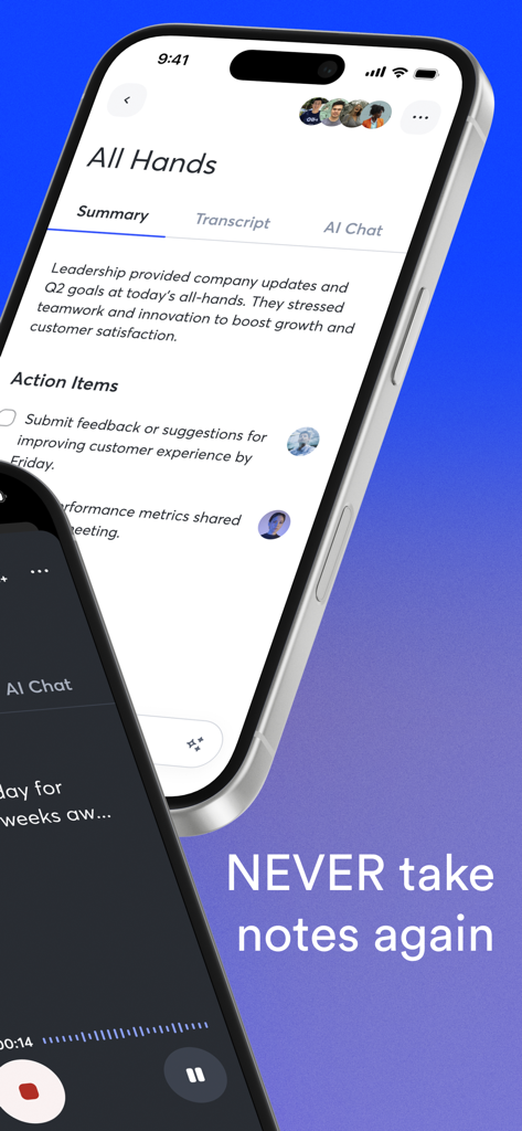 Otter Transcribe Voice Notes - Otter.ai Mobile App-Oberfläche, die eine automatisierte Besprechungszusammenfassung und Aktionspunkte anzeigt