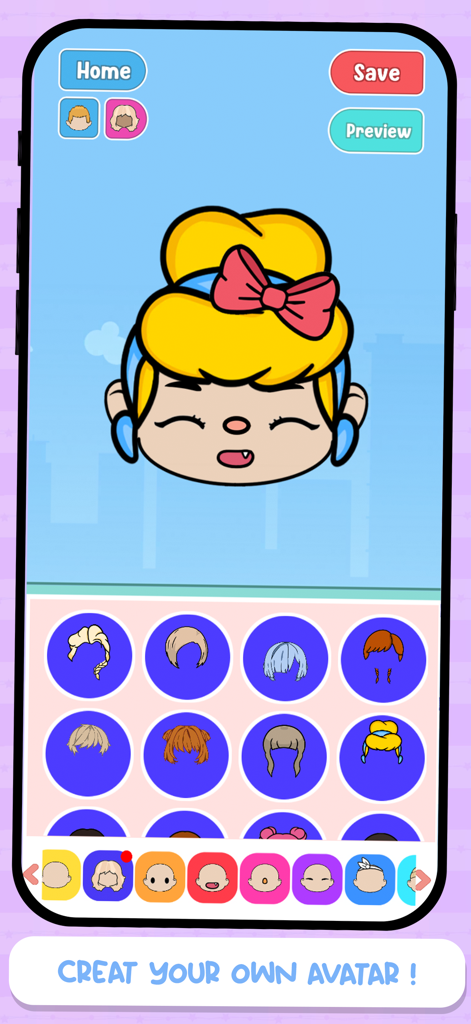 Doll Avatar Maker Plus - Una pantalla de la aplicación Doll Avatar Maker Plus que muestra opciones de personalización de peinado y forma de cara para un personaje de dibujos animados.