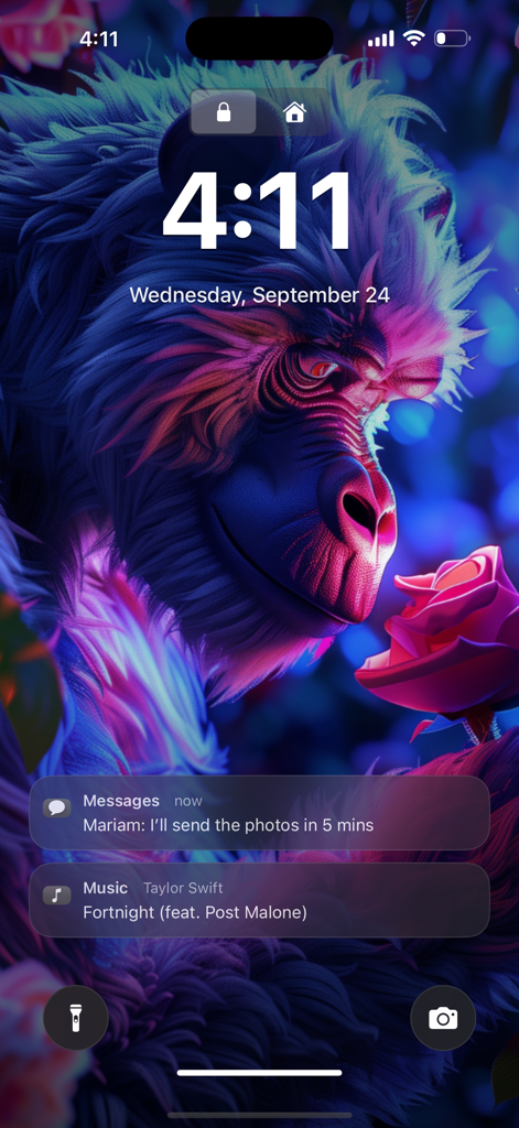 AI 4D & 3D Parallax Wallpapers - iPhone lock screen featuring a neon primate and rose AI wallpaper