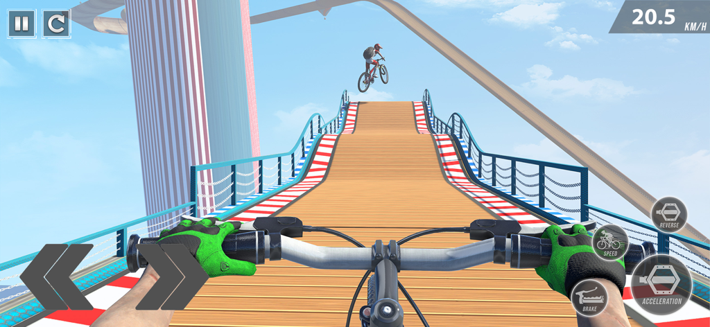 BMX Bicycle Stunt Cycle Games - First person view of a bicycle stunt on a sky high mega track