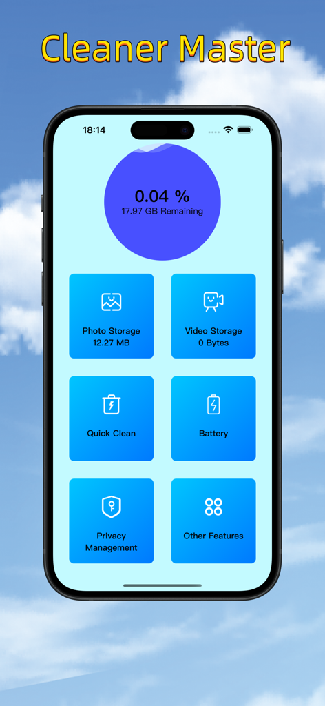 Cleaner Master-Space & Privacy - Interfaz del panel de control de la aplicación Cleaner Master que muestra el uso del almacenamiento y las herramientas de limpieza
