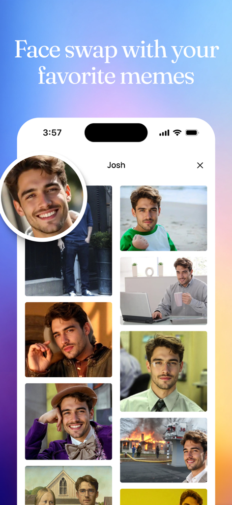Pantalla de la aplicación Ideogram AI que muestra la cara de un hombre intercambiada en varios memes de internet y retratos de personajes famosos.