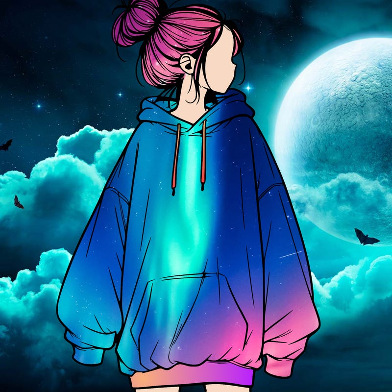 realistic girl with a oversized sweatshirt on and a bun