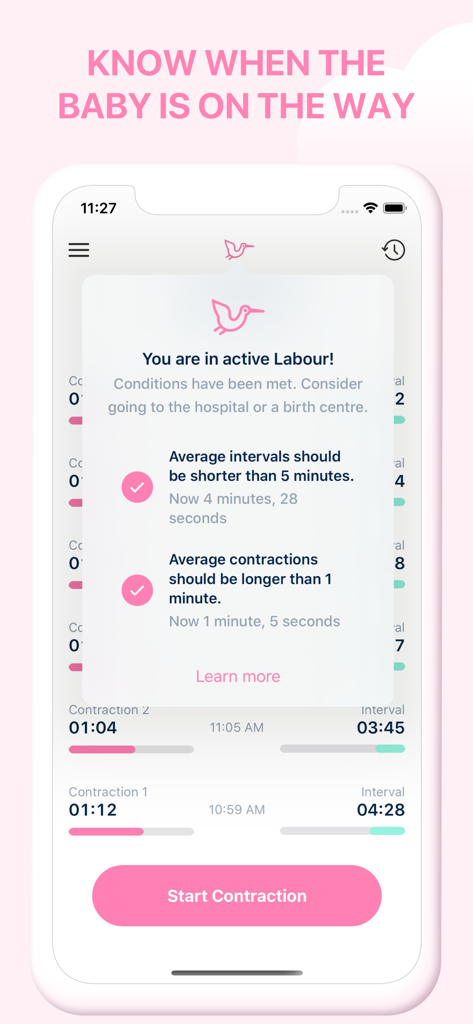 Storky app interface with active labor notification and timing details