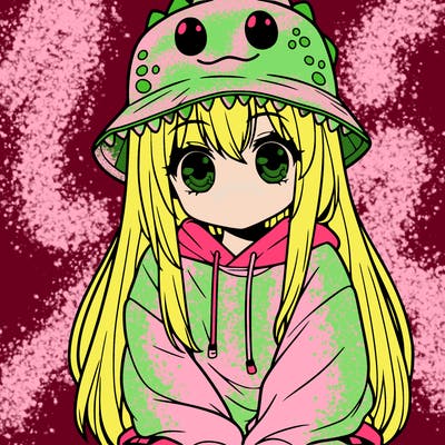 girl with anime shaped eyes with a dinosaur bucket hat oversized sweatshirt long straight hair