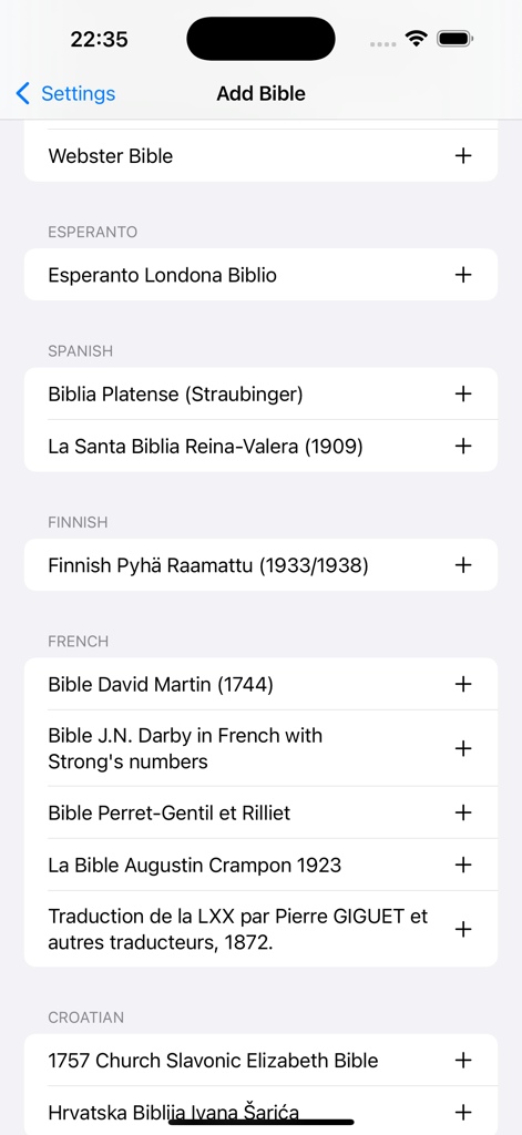 BibleKeys - A menu in the BibleKeys app showing a list of Bible translations in various languages like Spanish, French, and Croatian with options to add them.