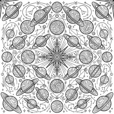 Unleash your inner artist with this captivating Kaleidoscope Planets coloring page. Discover a universe of symmetrical cosmic patterns, intricate planets, and sparkling stars ready for your creative touch.