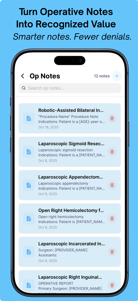 UNIRA - A list of surgical operative notes on the UNIRA mobile app interface showing various procedures and dates