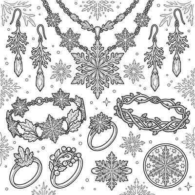 Discover a stunning collection of silver-inspired winter jewelry, featuring intricate snowflake designs, elegant crystal drops, and festive rings. This enchanting coloring page is perfect for adults and teens who love the beauty of the frosty season.