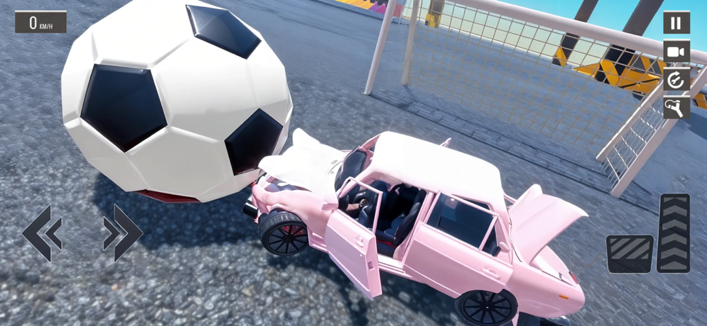 Russian Car Crash Simulator 3D - A pink vintage car being struck by a giant soccer ball in a sports arena.