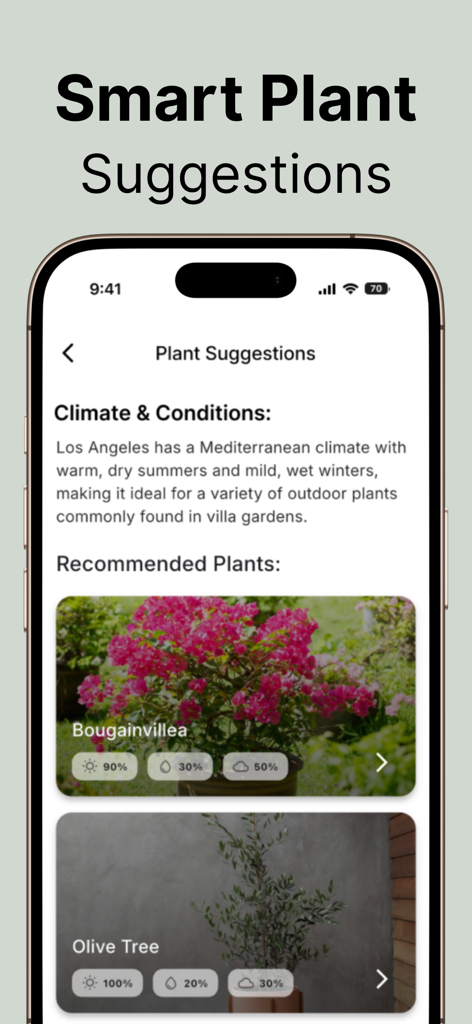 Un écran d'application mobile montrant des suggestions de plantes intelligentes basées sur les conditions climatiques pour la conception de paysage, présentant des recommandations de Bougainvilliers et d'Olivier