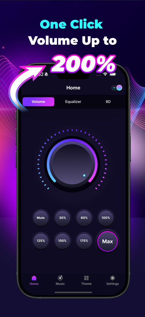 Volume Booster & EQ Amplifier - Interface of the Volume Booster app showing a circular volume dial and preset buttons to increase audio up to 200 percent.