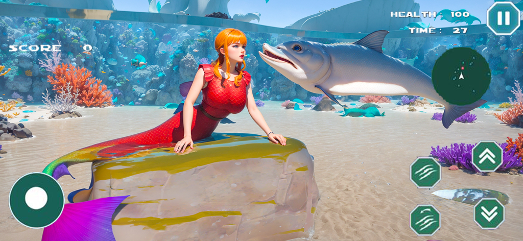 A 3D mermaid princess interacting with a large fish in an underwater coral reef environment.
