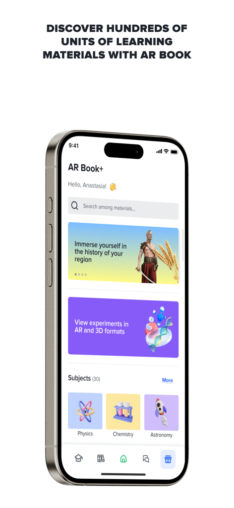 Interface of AR Book app showing educational subjects like Physics Chemistry and Astronomy with AR experiments