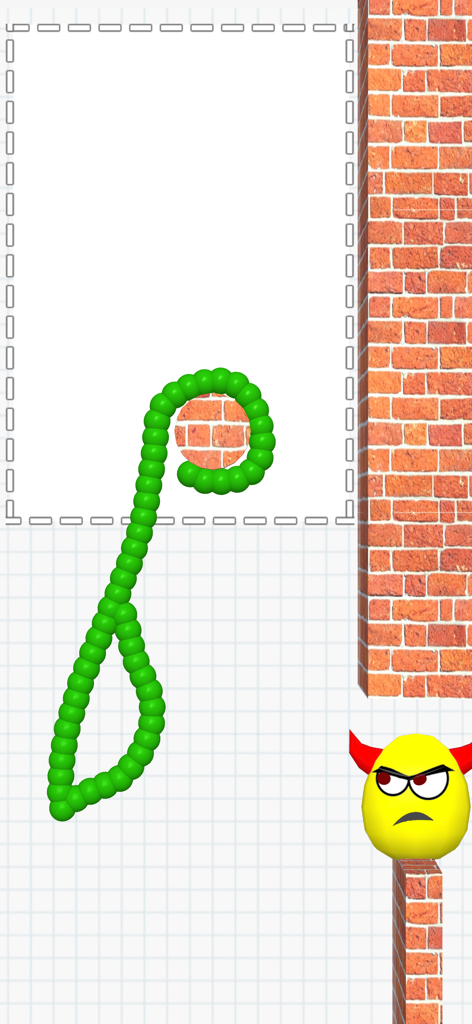 Draw To Smash: Logic puzzle - A gameplay screenshot of Draw To Smash showing a green beaded doodle line being drawn to hit an angry yellow egg character on a brick platform.