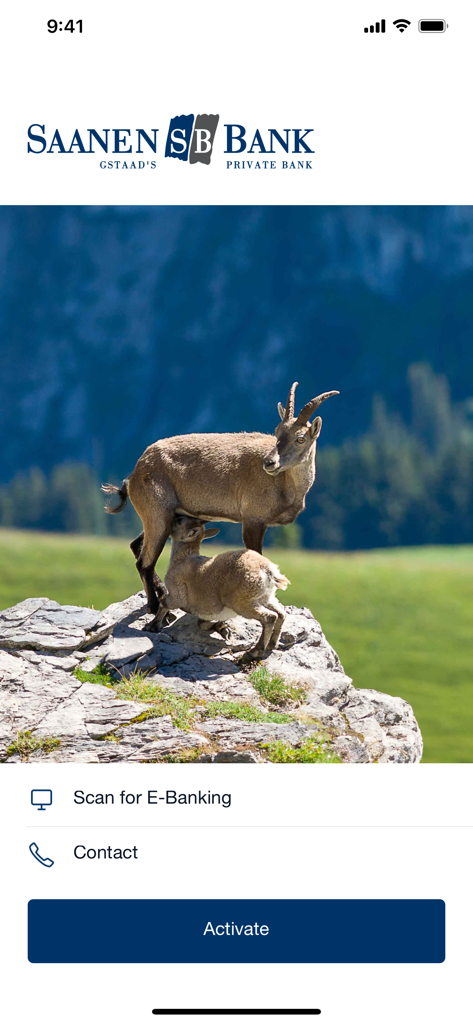 SB Saanen Bank - SB Saanen Bank mobile app welcome screen featuring alpine ibex goats and an activation button