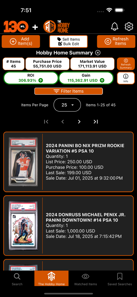 The Hobby Home summary screen in the 130 Point app showing card collection metrics and market value.