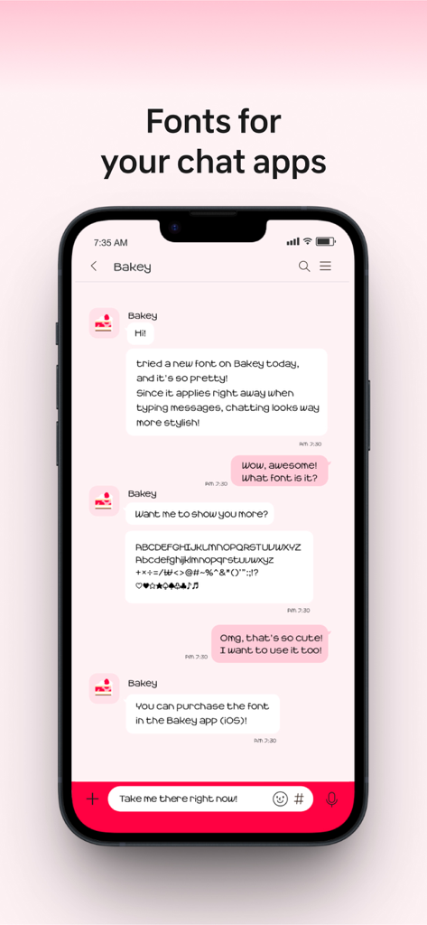 Ein Smartphone, das eine Chat-Oberfläche mit einer Vorschau von benutzerdefinierten ästhetischen Schriftarten aus der Bakey-App anzeigt.