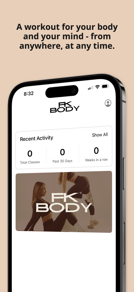 FK Body - FK Body app dashboard on an iPhone displaying workout statistics and a sculpt fitness banner