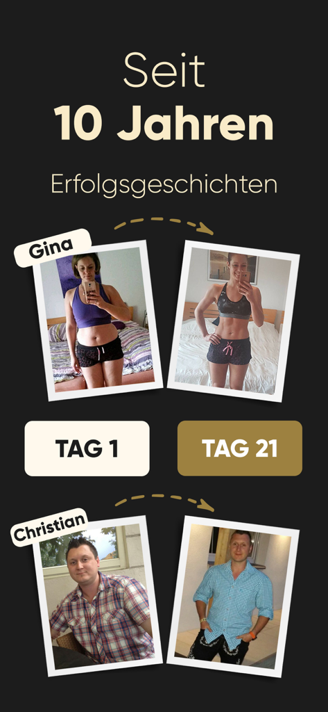 Programm 21: Workouts zuhause - Before and after weight loss transformation photos of Gina and Christian showing progress from Day 1 to Day 21.