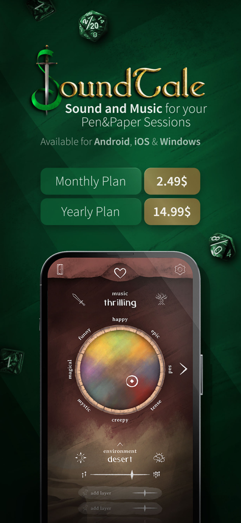 SoundTale app interface featuring a mood wheel for RPG music and subscription plans