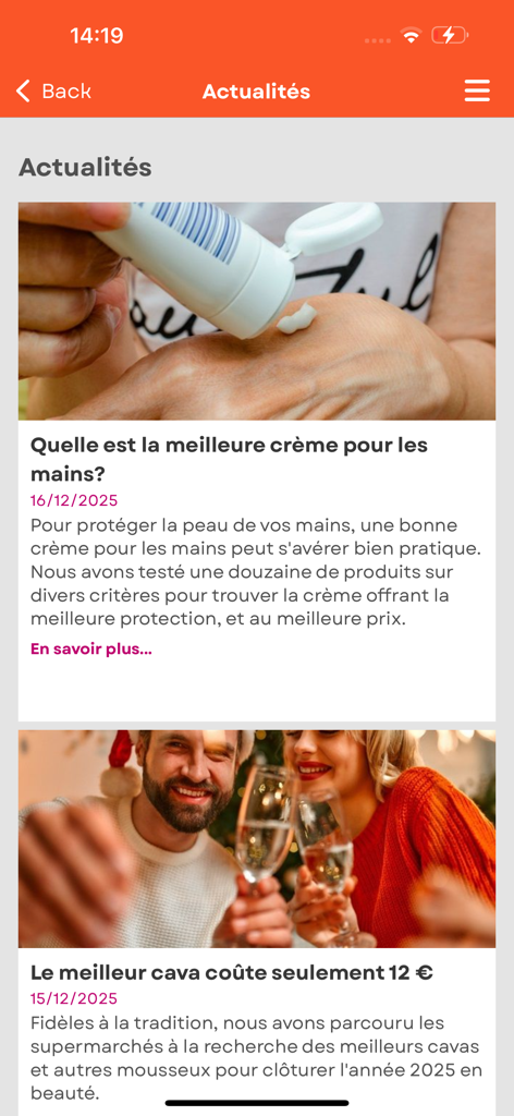 Testachats Digital - ハンドクリームとカヴァの製品レビューを表示するTestachats Digitalアプリの消費者ニュースフィード