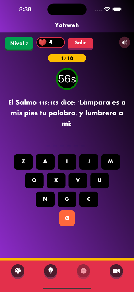 Juego Bíblico Yahweh - Bible verse unscramble challenge in the Spanish trivia game Juego Bíblico Yahweh