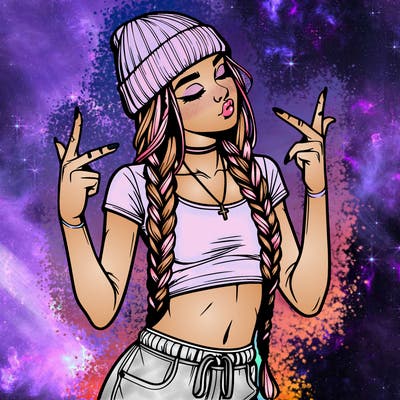 realistic teenage girl with braids and a beanie and crop top doing 🫶🏼