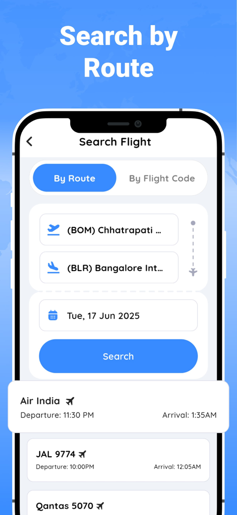 Track Flight : Find Flight - Interfaccia dell'app mobile Traccia Volo che mostra la funzionalità di ricerca voli per rotta con aeroporti di origine e destinazione.