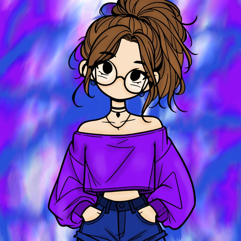 girl with a messy ponytail glasses a baggy crop top and jean shorts