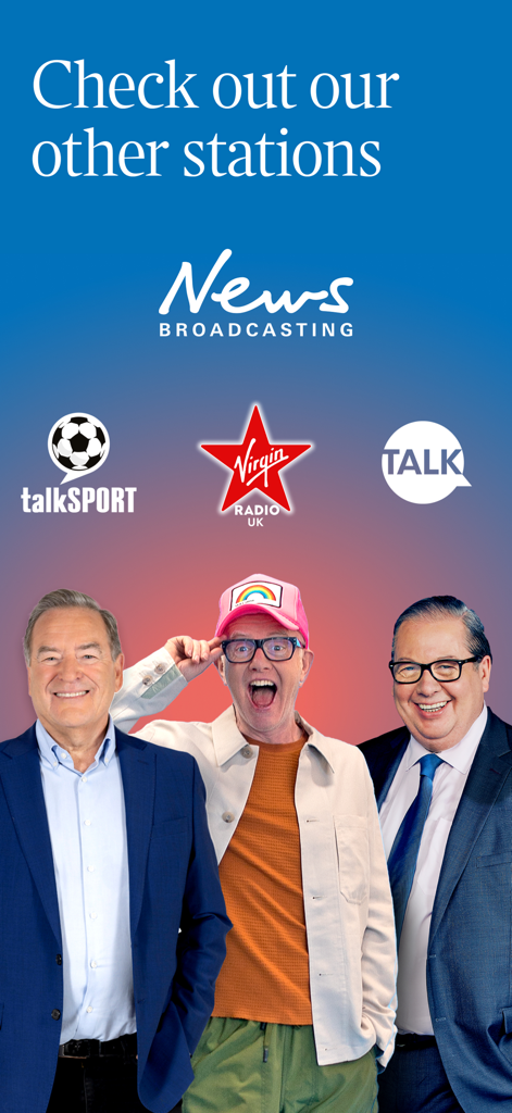 Times Radio - Listen Live - talkSPORTやVirgin Radio UKなどのNews Broadcastingの姉妹局と3人の人気ラジオ司会者を紹介するプロモーション画面。