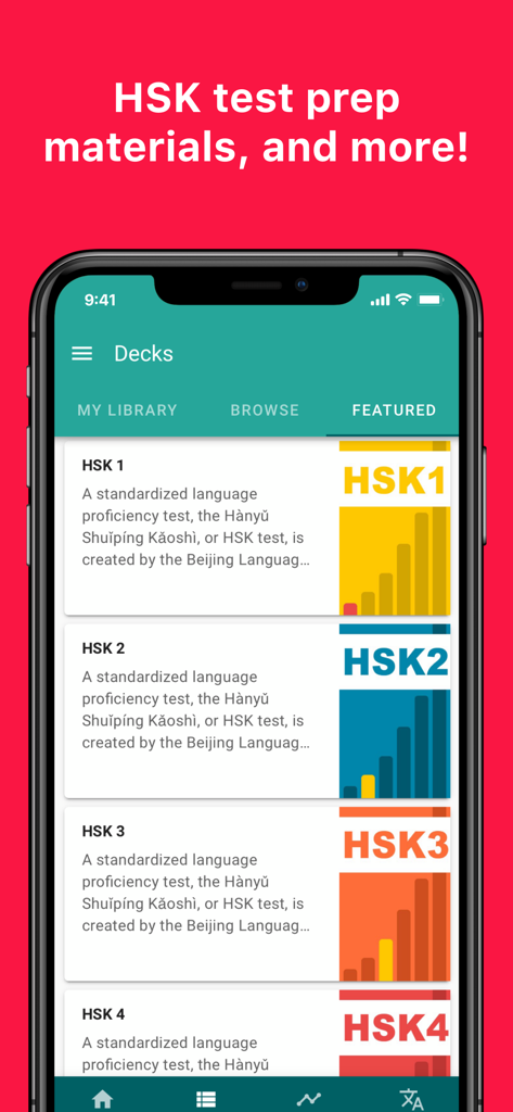 Skritter app screen showing HSK level 1 to 4 Chinese test preparation decks.