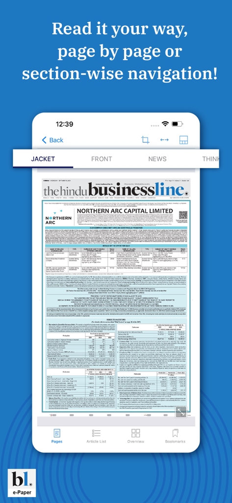Businessline - Business ePaper - The Hindu Businessline ePaper app showing page and section navigation features