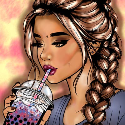 realistic girl drinking boba tea with braided hair