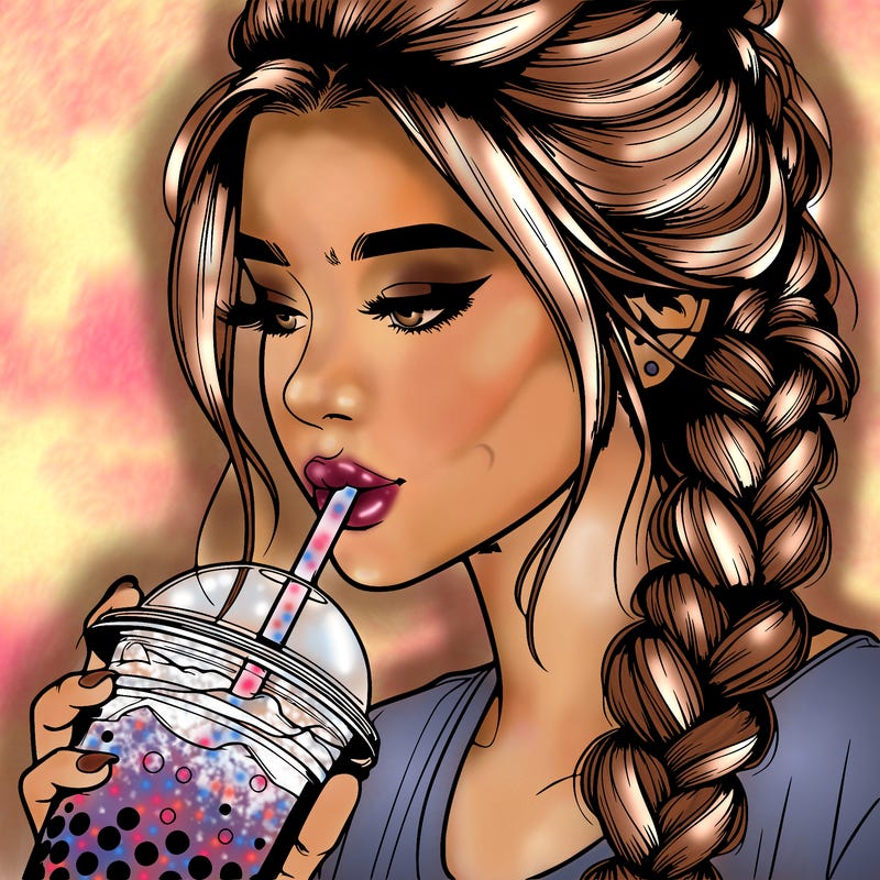 realistic girl drinking boba tea with braided hair