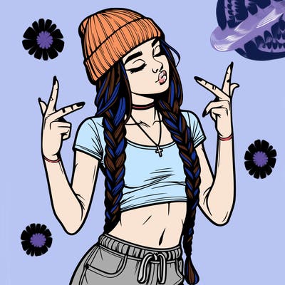 realistic teenage girl with braids and a beanie and crop top doing 🫶🏼