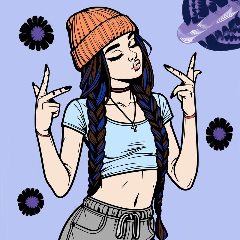 realistic teenage girl with braids and a beanie and crop top doing 🫶🏼