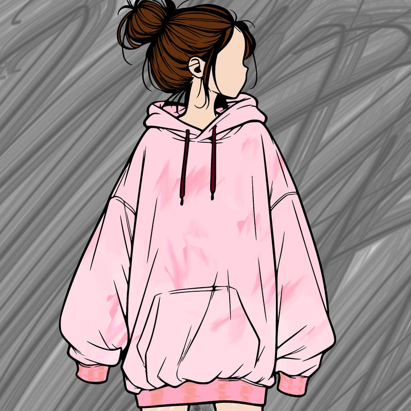 realistic girl with a oversized sweatshirt on and a bun