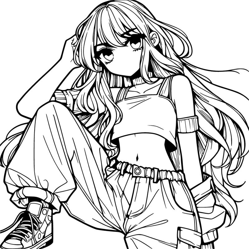 manga girl with crop top and baggy jeans and long hair