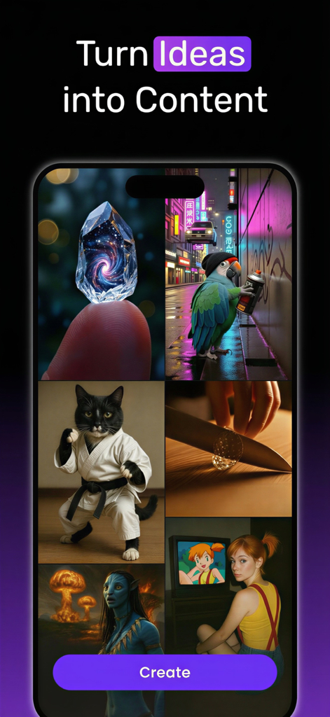 Creator Pro: AI Studio - Mobile app interface of Creator Pro AI Studio showing AI generated images with the text Turn Ideas into Content