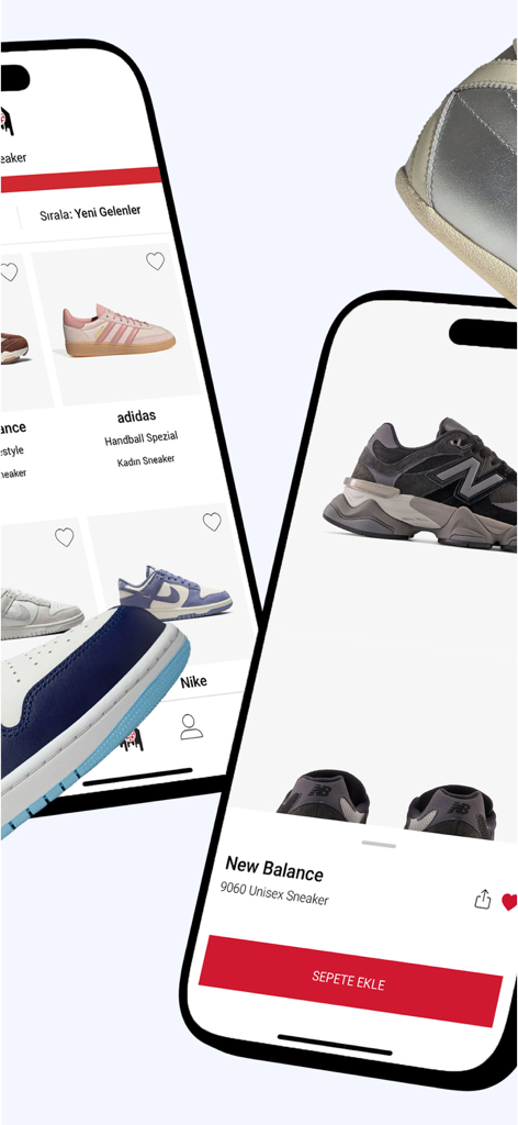 House of SuperStep - 아디다스 및 나이키 스니커즈 목록과 뉴발란스 9060 제품 상세 페이지를 보여주는 모바일 앱 화면