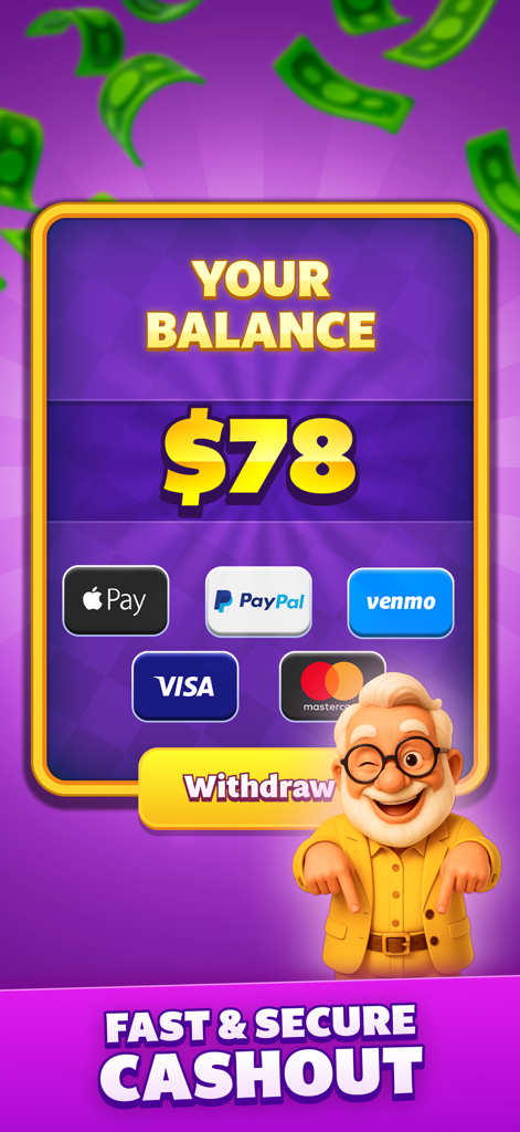 Bingo - Win Cash - Mobile app screen showing a 78 dollar balance and secure cashout options including PayPal, Venmo, and Apple Pay.