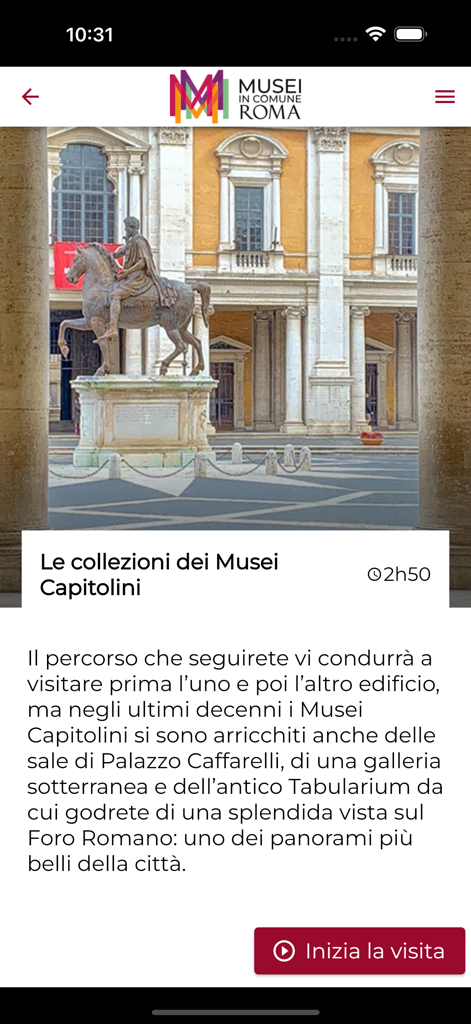 Musei Capitolini Roma - Screenshot of the Musei Capitolini app showing the Capitoline Museum collections tour with a 2 hour and 50 minute duration and a photo of the Marcus Aurelius statue