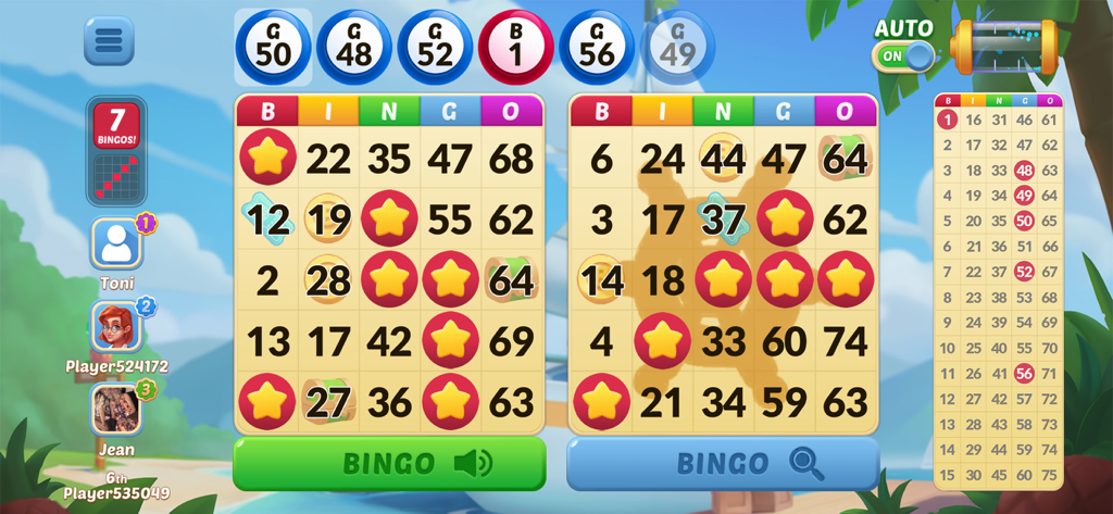 Bingo Aloha-Vegas Bingo Games - Tela de gameplay do Bingo Aloha mostrando duas cartelas de bingo com marcadores de estrela e um fundo tropical.