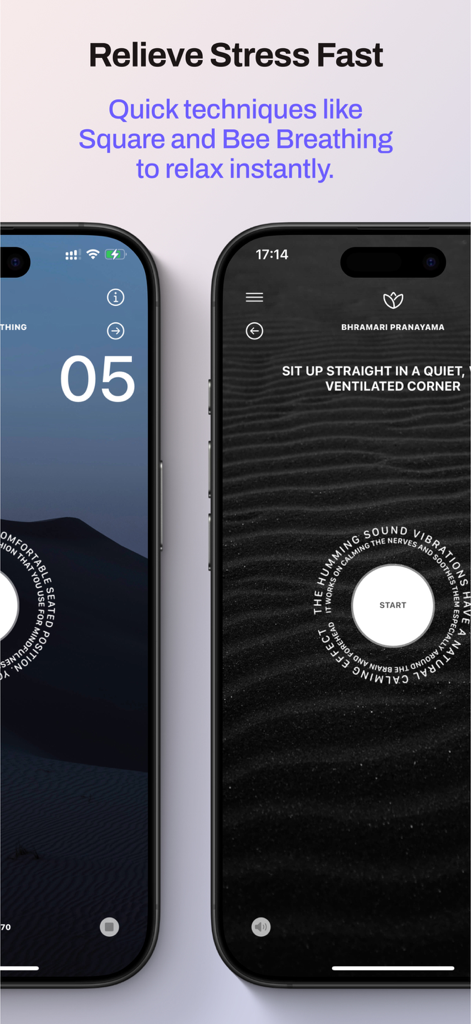 BreatheIn: Calm Breathing - BreatheIn app screenshots displaying guided breathing techniques like Bee Breathing for instant relaxation.