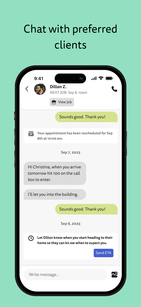 In-app chat interface for cleaners to message clients and send arrival times
