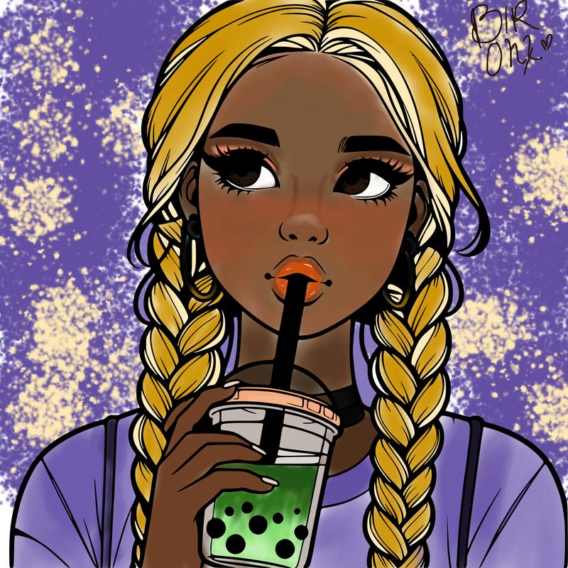 realistic girl with braided hair drinking boba