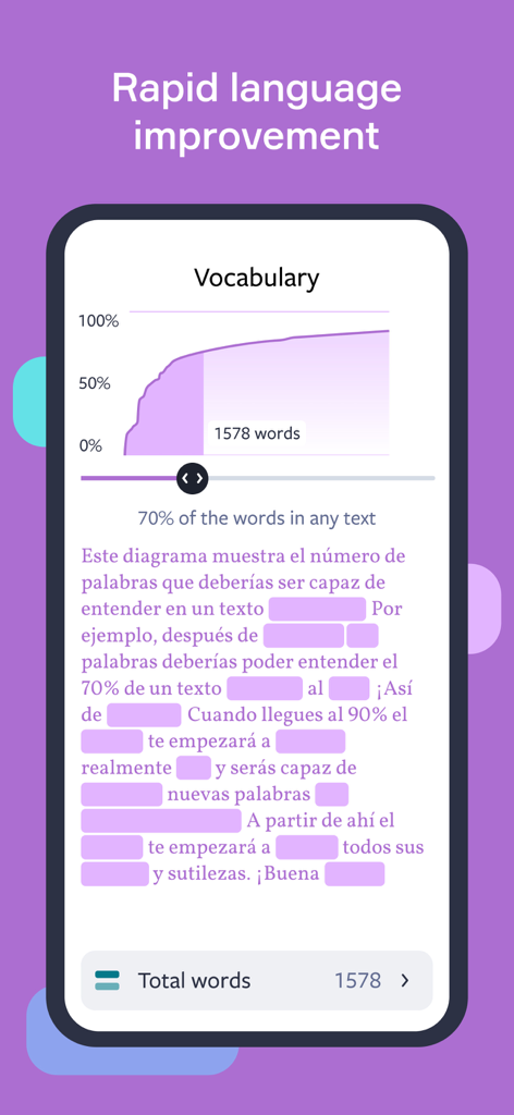 Lingvist: Learn Languages Fast - Lingvist-App-Bildschirm, der ein Diagramm des Wortschatzwachstums und Lernstatistiken anzeigt